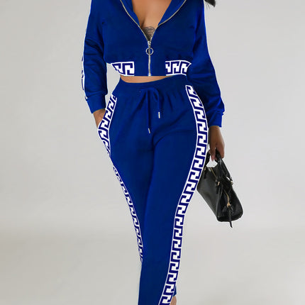 Cross-Border Amazon Women's Spring and Autumn Fashion High-End Casual Suit with Crop Top Zipper and Floral Patchwork Long Pants