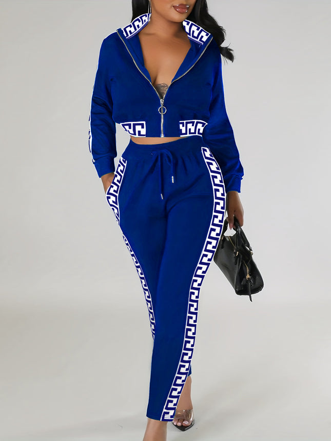 Cross-Border Amazon Women's Spring and Autumn Fashion High-End Casual Suit with Crop Top Zipper and Floral Patchwork Long Pants