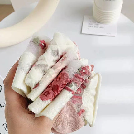 Glass Silk Stockings Children's Shallow Socks Thin Spring and Summer Crystal Silk Sweet Mori Short Tube Boat Socks Student Socks Flowers
