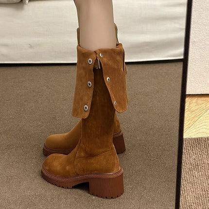 Foldable Over-The-Knee Stretch Boots for Women, New Korean Style Suede Fashionable Elegant Riding Boots with Thick Heels, Fashion Boots Wholesale