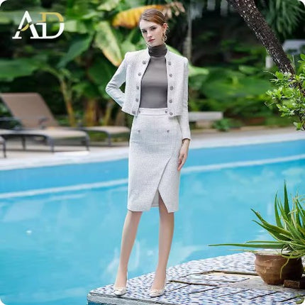 Autumn and winter fashion Chanel style tweed short coat women's skirt suit elegant socialite design white hip skirt