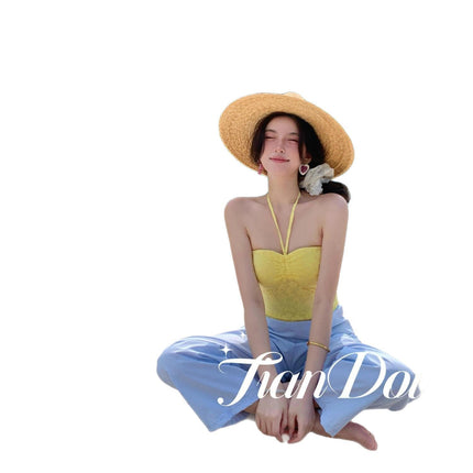 [Lemon Grass] Vacation Beach Colorful Tube Top Beach Hot Spring Swimsuit Bikini Three-Piece Set Pure Desire Dopamine