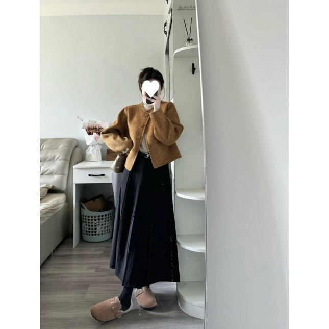 Autumn and Winter New Korean Style Retro Old Money Style Wear Dress Women's Brown Short Wool Coat Overskirt Two-piece Set