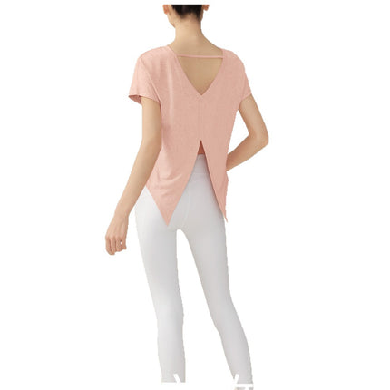 Lu Same Style Yoga Wear Women's Short-Sleeved T-Shirt Breathable Jacquard Slit Strap Elastic Fitness Top Sports Blouse