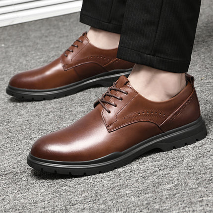 Summer Men's Business Leather Shoes Men's Head Layer Cowhide Black Casual British Inner Height Increase Lace Round Head Cowhide Dress