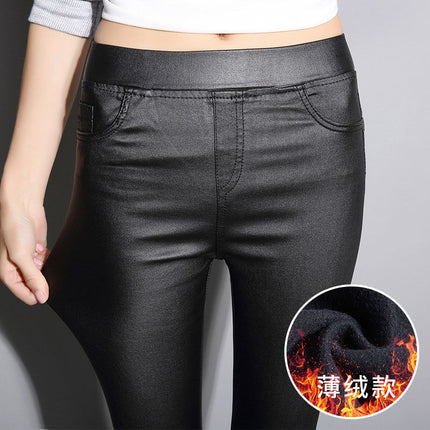 Windproof Leather Pants for Women 2025 Autumn and Winter New Style Fleece-Lined Thickeneded High-Waist Coated Leggings for Women to Wear Slimming Look Pants