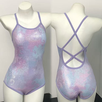 Colorful 2025 New Racing One-Piece Swimsuit for Women, Starry Sky Purple Glittering Fixed Breast Cup Swimming Pool Special Swimsuit