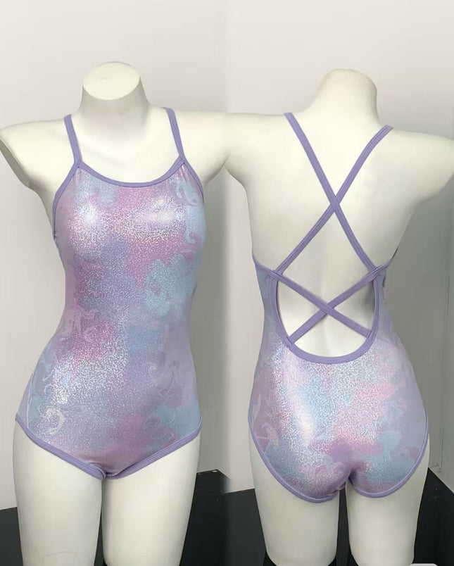 Colorful 2025 New Racing One-Piece Swimsuit for Women, Starry Sky Purple Glittering Fixed Breast Cup Swimming Pool Special Swimsuit