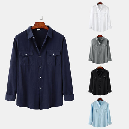 Cross-border foreign trade wholesale 2024 new autumn and winter men's cotton and linen solid color double pocket design men's long sleeve shirt men