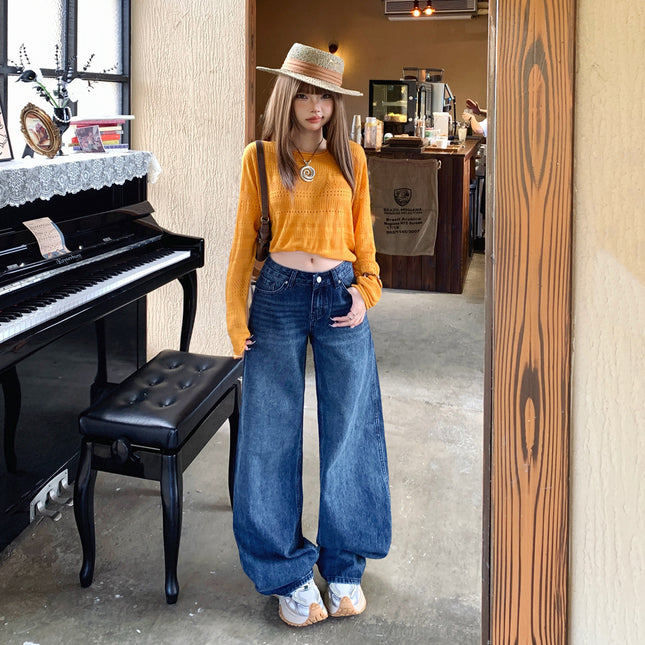 2025 Retro Loose Low-Waist Wide-Leg Pants Autumn and Winter New Style Slimming and Taller Straight-Leg Floor-Length Jeans Trendy