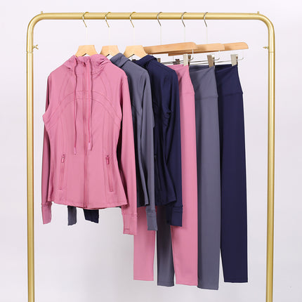 Lulu Df Stamped Hooded Jacket and Cropped Pants Set, Tight-Fitting Stretch Jacket with Gold Zipper, Fitness Yoga Outfit