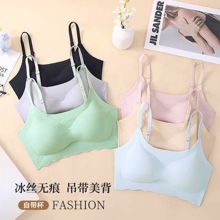 Traceless Ice Silk Beautiful Back Underwear Women's Gather-up Thin Rimless One-piece Sleeping Bra Sports Camisole