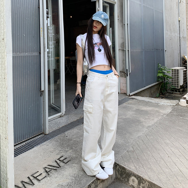 White Retro High Waist Multi-Pocket Wide Leg Crowd Pants Women's Spring and Autumn New Loose Slimming All-match Dipped Pants