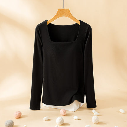 Women's Autumn and Winter Warm Tops with Built-In Bra Pads, Sexy Square Neck, Double-Sided Brushed Bra Integrated Base Layer Shirt