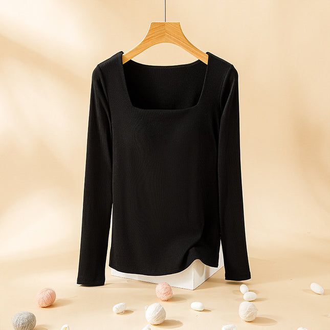 Women's Autumn and Winter Warm Tops with Built-In Bra Pads, Sexy Square Neck, Double-Sided Brushed Bra Integrated Base Layer Shirt