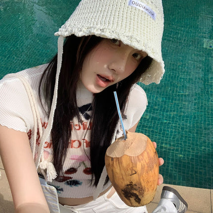 Korean-Style Beggar Hat, Fisherman Hat for Women, Spring and Summer, Face-Slimming Bucket Hat, Breathable Knit Hat, Trendy Sunshade and Sun Protection for Adults