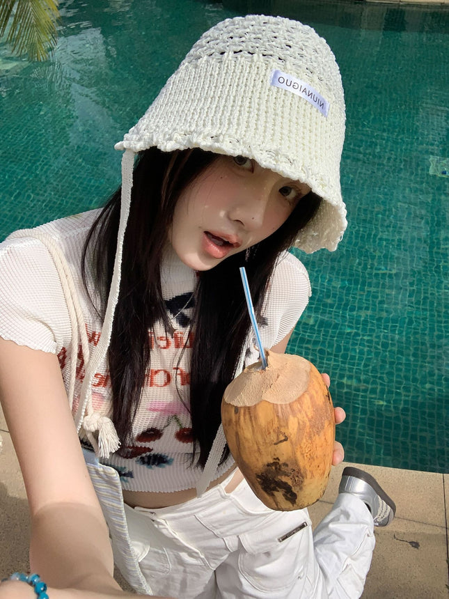Korean-Style Beggar Hat, Fisherman Hat for Women, Spring and Summer, Face-Slimming Bucket Hat, Breathable Knit Hat, Trendy Sunshade and Sun Protection for Adults
