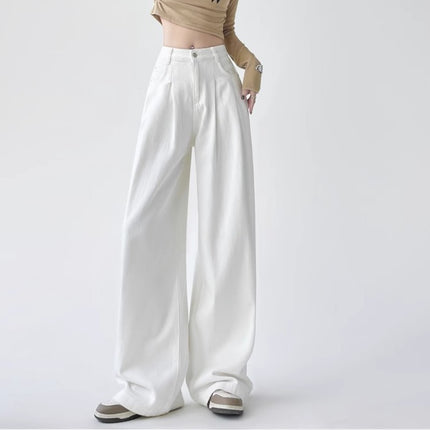 Cement Grey Wide Leg Jeans Women's Spring and Autumn Fashion All-match New High Waist Slimming Pleated Casual Floor Trousers