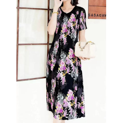 Miyake pleated 2025 summer new temperament round neck printed pleated skirt fashion waist thin magic dress