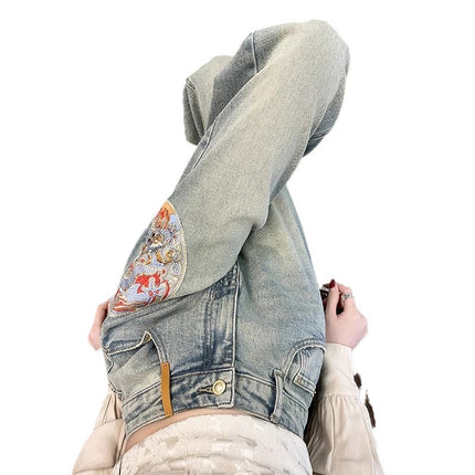 High Waist Wide Leg Jeans Women's Trendy All-match New Explosive Chinese Style Embroidered Loose Narrow Edition Straight Long Pants
