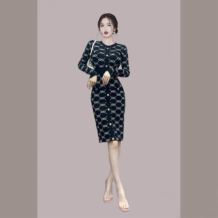 2025 Autumn/Winter Korean and Japanese Style Elegant Long Sleeve Slim Fit Versatile Bodycon Sweater Knit Dress 6241
