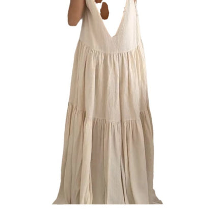 2024 Women's Loose Solid Color Pleated Irregular dress Beach Strap Long Dress