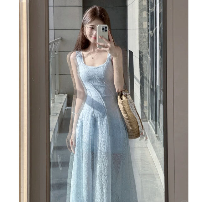 French Blue Square Neck Suspender Dress for Women Summer Seaside Vacation Elegant High-End Waist Slimming Fluffy Long Skirt