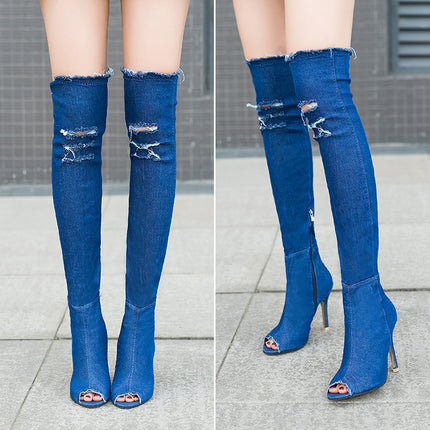 2024 Spring New Casual Fashion Korean Style Over-The-Knee Boots with the Same Elastic Round Toe High-Top Cowboy Boots for Women