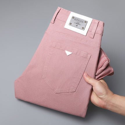Hong Kong Summer New Lotus Root and Pink Jeans Men's Trendy Brand Embroidered Korean Fashionable High-end Light Luxury Slim-fit Leggings