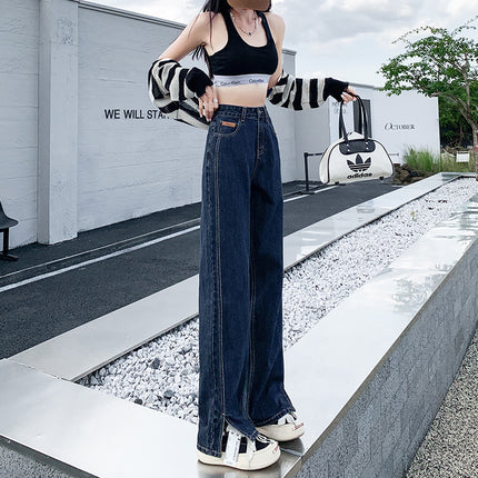 Blue Gray Split Wide Leg Jeans Women's Autumn 2024 New High Waist Design Sense Straight Loose Mop Pants