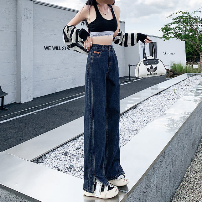Blue Gray Split Wide Leg Jeans Women's Autumn 2024 New High Waist Design Sense Straight Loose Mop Pants