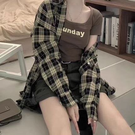 Vintage Plaid Shirt Coat Women's Spring and Summer Korean-style Niche Loose Bf Lazy Wind Sun-proof Outer Wear Small Top