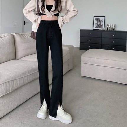 Spring New High Waist Split Jeans Women's Wide Leg Loose Large Size Slimming Straight Dipped Split Floor Trousers