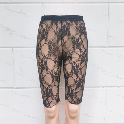 Lace Super Book Straight Five-point Leggings Slim-fit High-elastic Outer Wear plus size Safety Pants Rose Crochet Casual Trendy Pants
