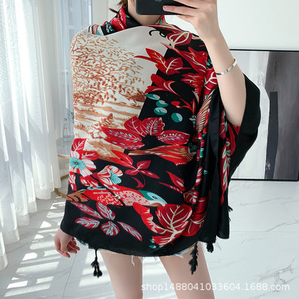 Ethnic Style Printed Silk Scarf Women's Seaside Travel Sun Protection Gauze Air Conditioning Warm Scarf Versatile Long Shawl