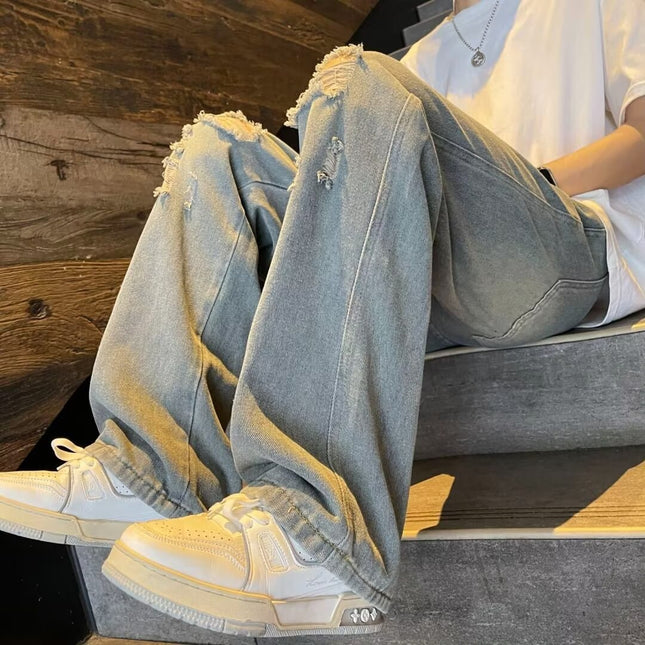 Vintage Distressed Ripped Jeans for Spring and Autumn, Loose Wide-Leg Floor-Length Straight Pants, Trendy Hot Item