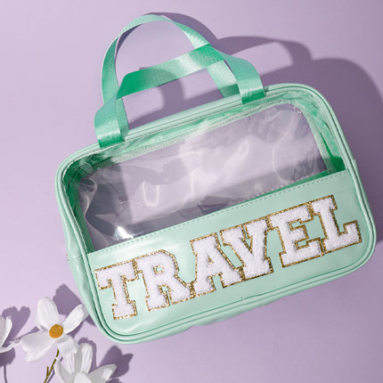 Cross-border new embroidered letters cosmetic bag pvc stitching transparent storage bag large capacity wash bag factory direct sales