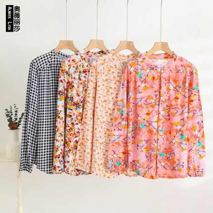 Middle-Aged and Elderly Women's Summer Thin Cardigan Mother's Wear Cotton Silk Long-Sleeved Loose Large Size Artificial Cotton Shirt Pajama Top
