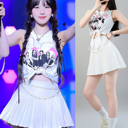 Korean Idol Zhang Yuanying's Same Style White Printed Tank Top Sleeveless Chain Pleated Skirt Short Skirt Stage Outfit Set Summer