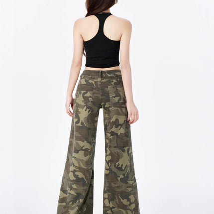 American High Street Military Green Camouflage Work Jeans Women's Straight Loose Retro Slightly Flared High Waist Casual Wide Leg Pants
