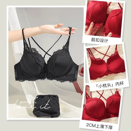 Red Small Breast Push-Up Bra for Women Wedding Bride 2025 New Animal Year Lace Pure Lust Bra Set