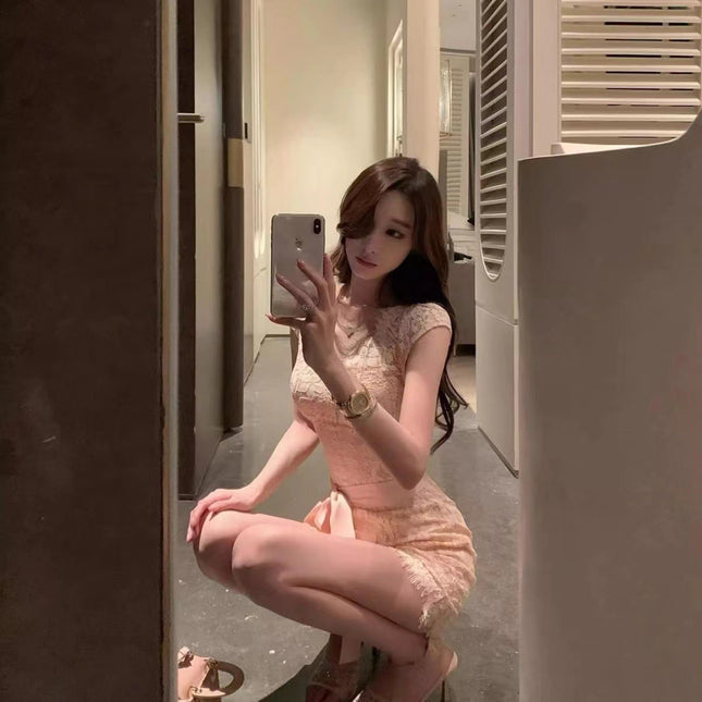 French-Style Socialite Lace Short-Sleeved Dress for Women Summer New Sexy Waist Slimming Pure Lust Hip-Hugging Short Skirt