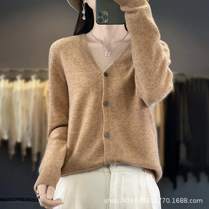 V-Neck Wool Knitwear for Women, Ready-Made Thin Autumn and Winter Work Clothing Slimming Look Elegant with 100% Wool Cardigan