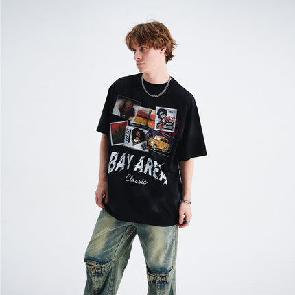 LawFoo National Tide American Street Spray Paint Washing Water Direct Spray Printing Shoulder Loosen Version Couple Tide T-Shirt