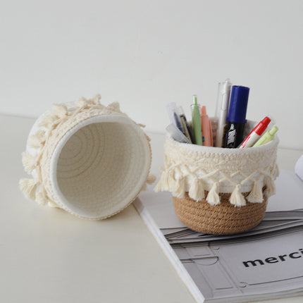 Ins Style Woven Cosmetic Brush Bucket Pen Containers Storage Basket Handmade Cotton Rope Household Desktop Sundries Finishing Storage Basket