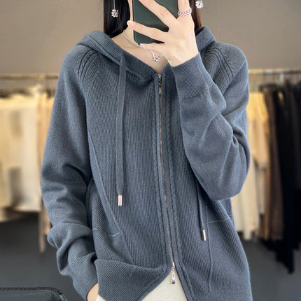 Wool Blend 2026 Autumn and Winter New Women's Hooded Sweatshirt Loose Plus-Size Short Knitted Hoodie Base Layer Cardigan