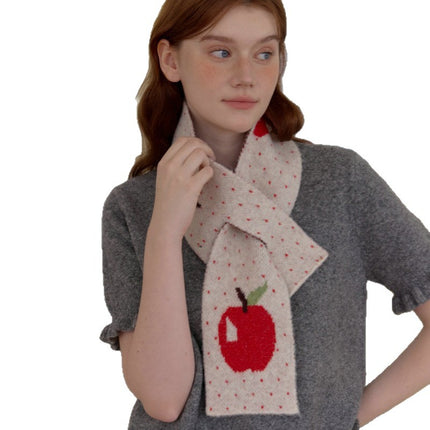 Lazy Style Japanese Christmas Gift Cute Red Apple Knitted Cross Autumn and Winter Warm Small Scarf for Women