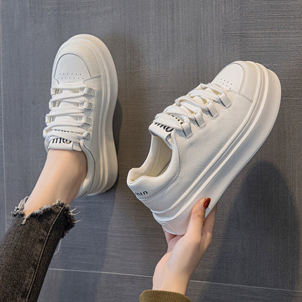 Genuine Leather Thick-Soled White Sneakers for Women, 2025 Autumn Breathable Sports Casual Shoes, Fashionable Platform Shoes, Height-Increasing Sneakers, Comfortable