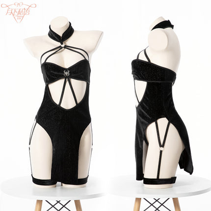 New sexy lingerie sexy COS shiny cheongsam hot hollow split role play uniform temptation suit
