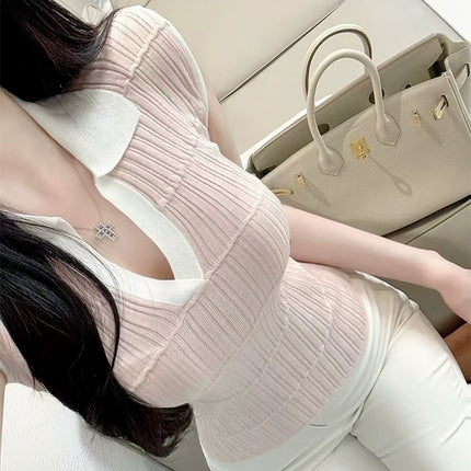 Korean Dongdaemun Spring and Summer New Style Elegant Color-Blocking V-Neck Slim Fit Slightly See-Through Figure-Flattering Knit T-Shirt